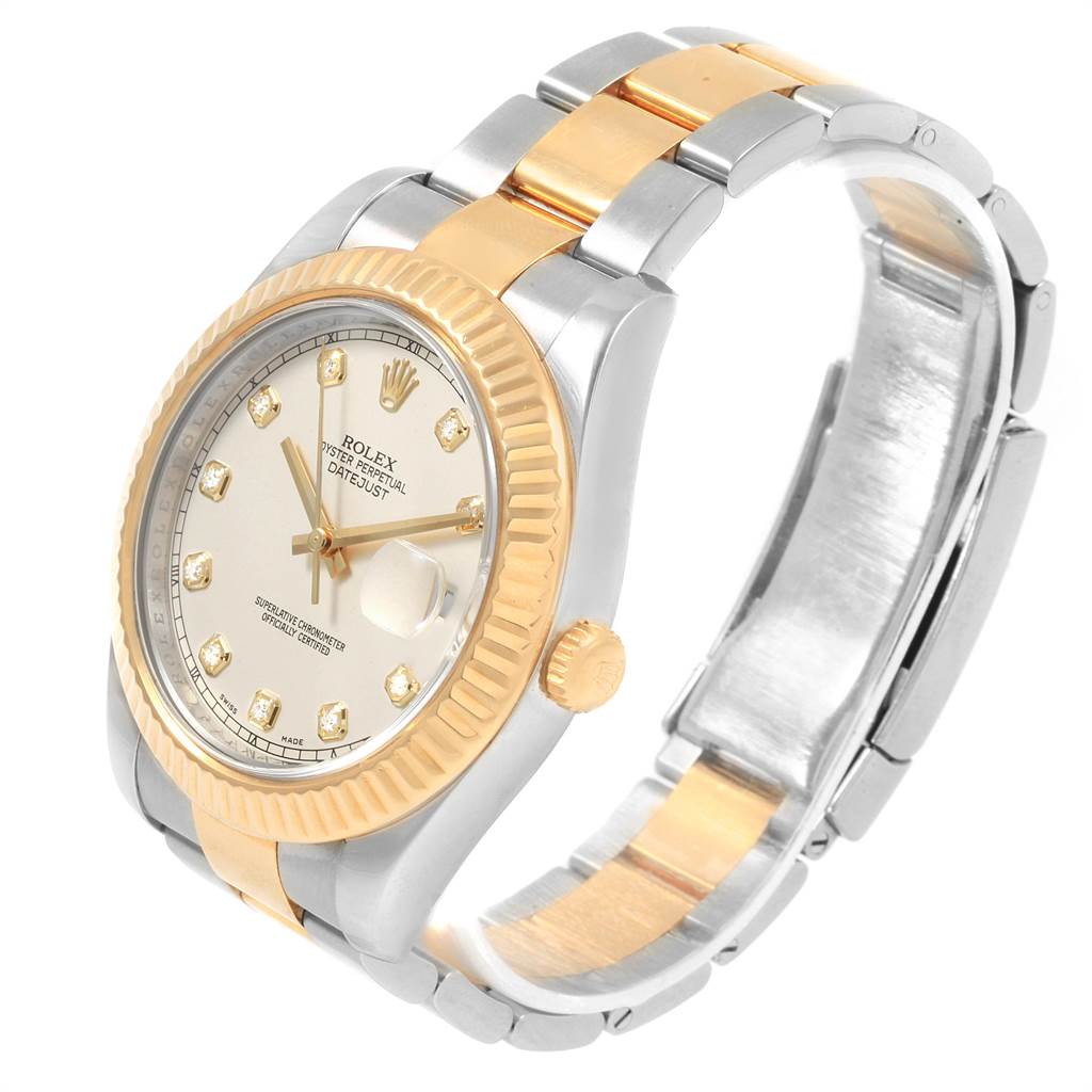 This image shows a Rolex Datejust 41 116333 Men's Steel and Gold (two tone) Beige Dial 116333 Men's Steel and Gold (two tone) Beige Dial watch angled slightly from the right, displaying the face, bezel, crown, and a portion of the bracelet.