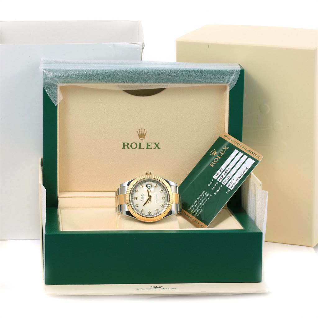 The Rolex Datejust 41 116333 Men's Steel and Gold (two tone) Beige Dial 116333 Men's Steel and Gold (two tone) Beige Dial watch is shown inside its open green box, with branding and a certification card visible.
