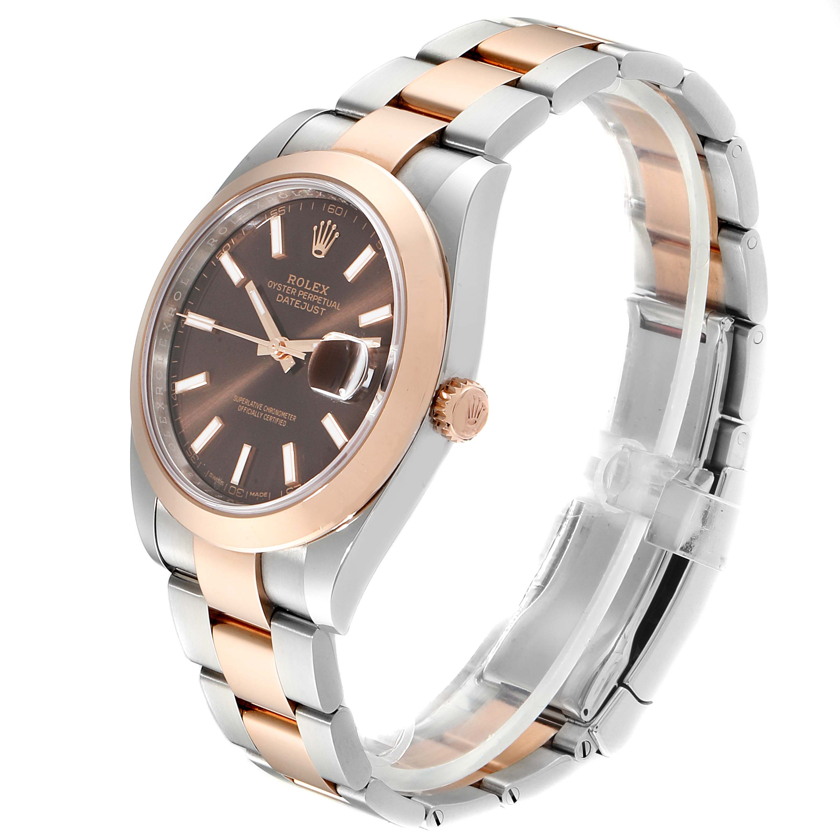 This image of the Rolex Datejust 41 126301 Men
s Steel and Gold (two tone) Brown Dial 126301 Men
s Steel and Gold (two tone) Brown Dial model shows a side angle with the face, bezel, crown, and bracelet visible.