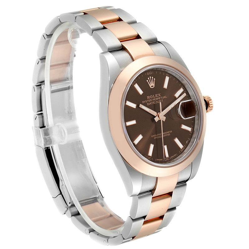 The Rolex Datejust 41 model watch is shown at an angled view highlighting the dial, bezel, and two-tone bracelet.