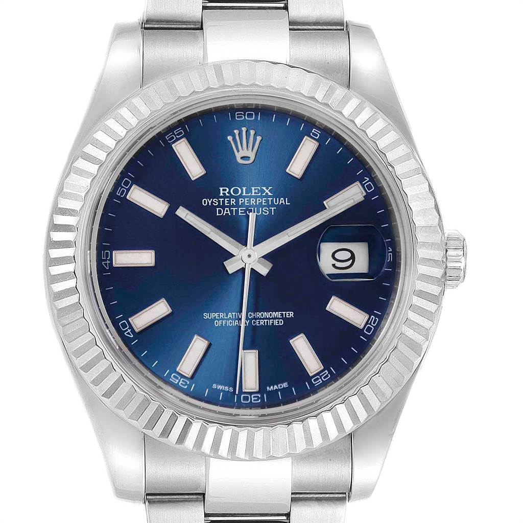 The image shows a front view of the Rolex Datejust 41 116334 Men's Stainless Steel Blue Dial 116334 Men's Stainless Steel Blue Dial watch, displaying its blue dial, fluted bezel, and oyster bracelet.