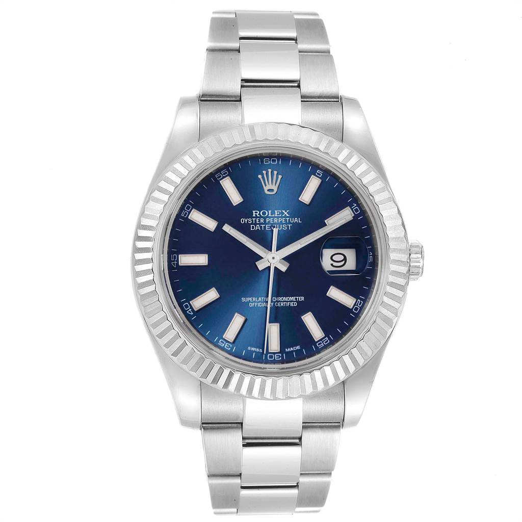 The image shows a front view of the Rolex Datejust 41 116334 Men's Stainless Steel Blue Dial 116334 Men's Stainless Steel Blue Dial, highlighting its blue dial, fluted bezel, and steel bracelet.