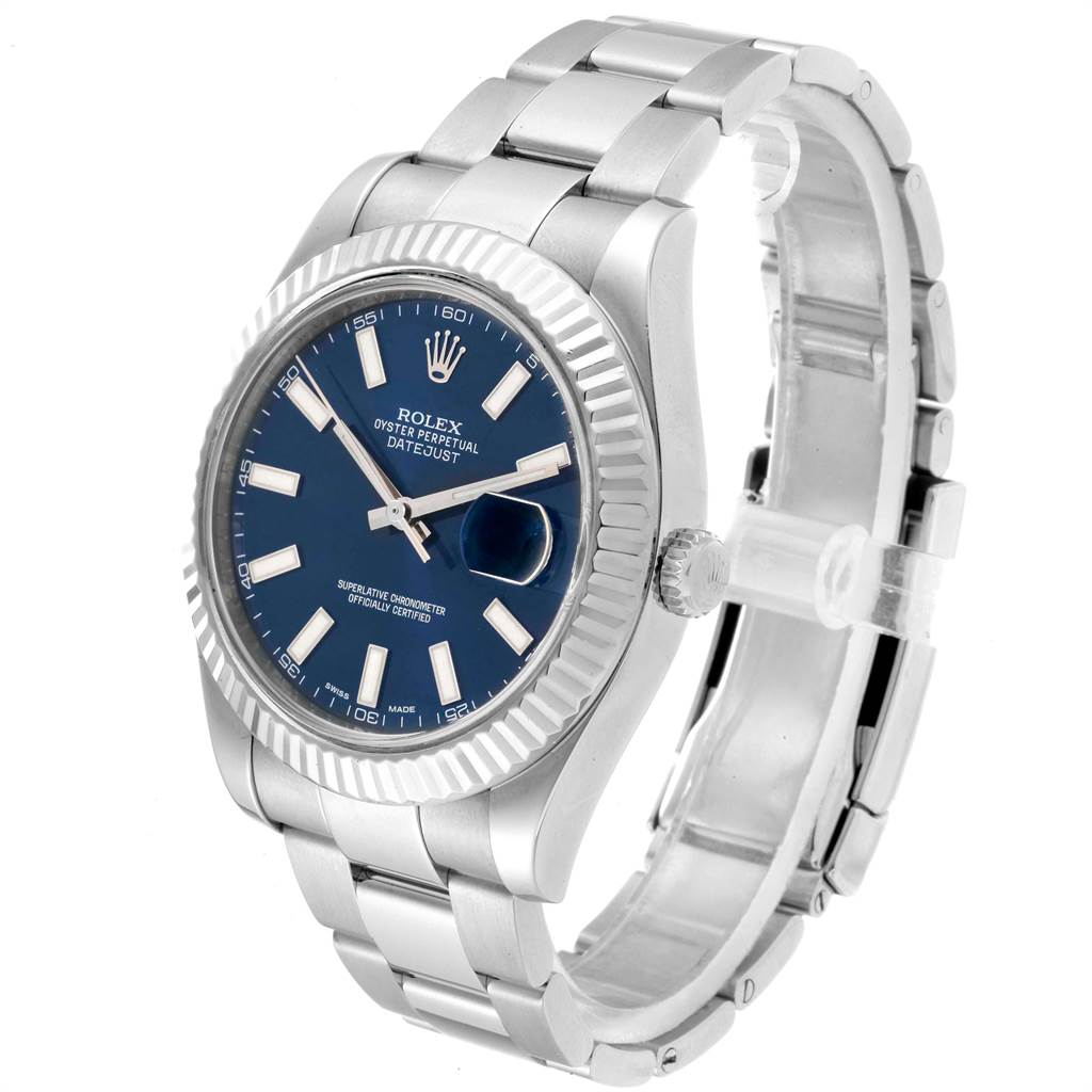 The Rolex Datejust 41 116334 Men's Stainless Steel Blue Dial 116334 Men's Stainless Steel Blue Dial watch is shown at a three-quarter angle, highlighting the bezel, dial, bracelet, and crown.