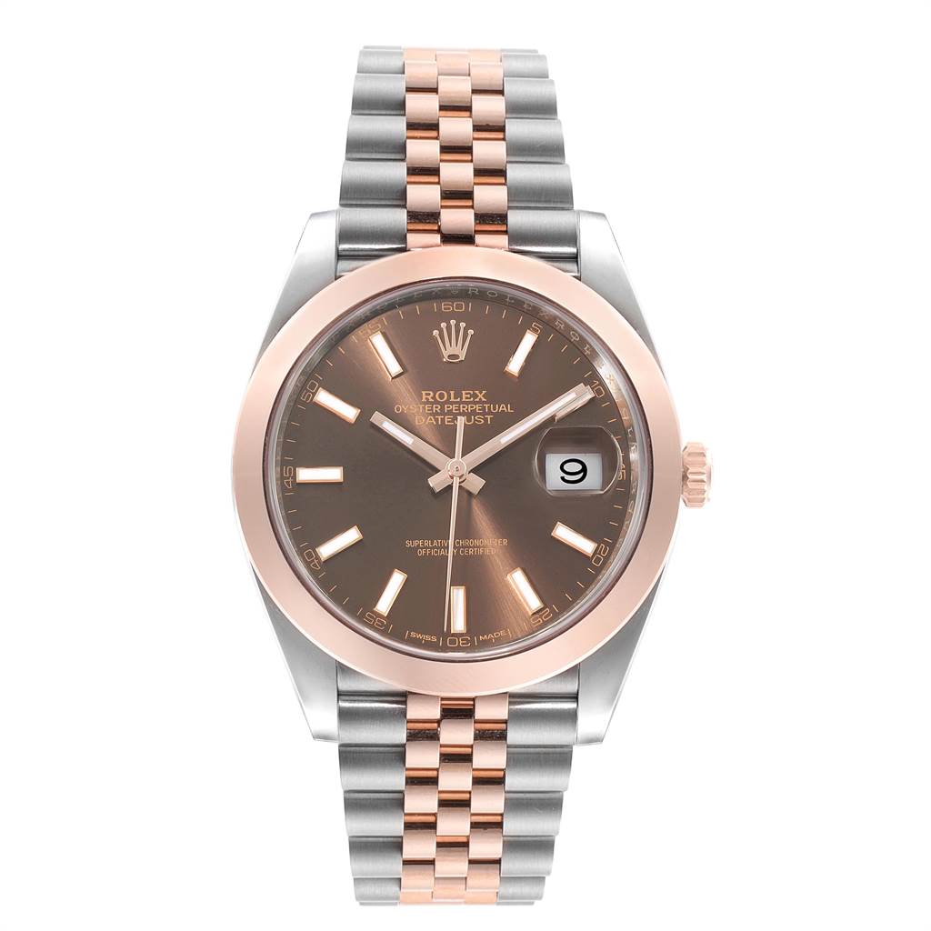 The image shows a front view of a Rolex Datejust 41 126301 Men's Steel and Gold (two tone) Brown Dial 126301 Men's Steel and Gold (two tone) Brown Dial watch, featuring a two-tone bracelet and a brown dial.