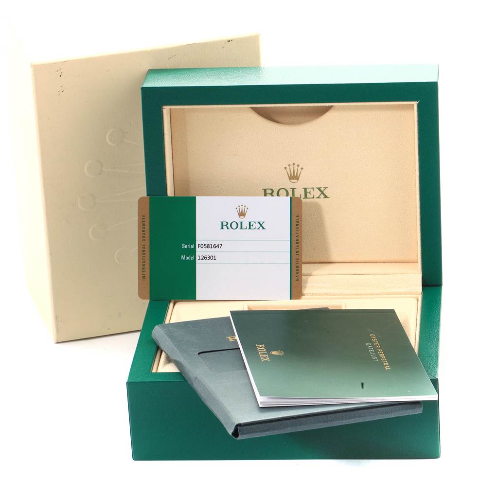 The image shows the box and accessories, including the warranty card and manuals, for the Rolex Datejust 41 126301 Men's Steel and Gold (two tone) Brown Dial 126301 Men's Steel and Gold (two tone) Brown Dial model.
