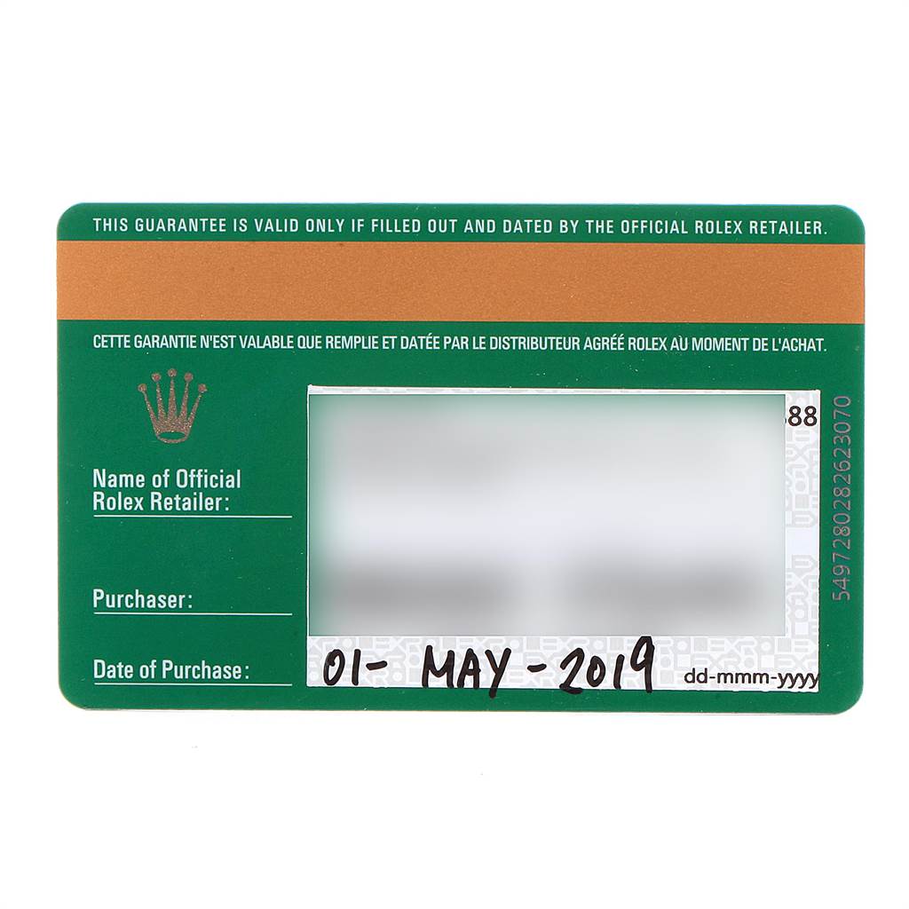 This image shows a guarantee card for the Rolex Datejust 41 126301 Men's Steel and Gold (two tone) Brown Dial 126301 Men's Steel and Gold (two tone) Brown Dial model, dated 01-May-2019.