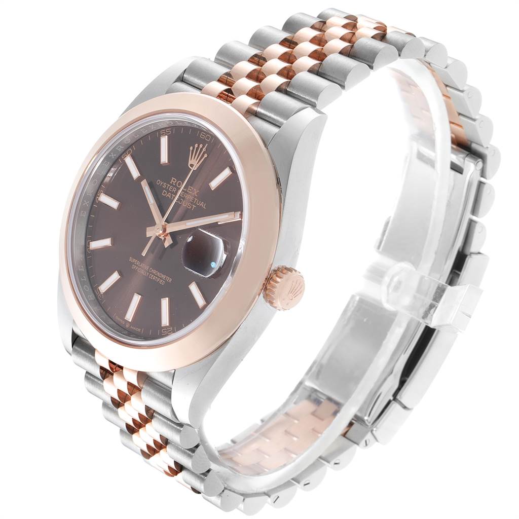 The image shows a Rolex Datejust 41 126301 Men's Steel and Gold (two tone) Brown Dial 126301 Men's Steel and Gold (two tone) Brown Dial watch angled from a front-left perspective, highlighting the dial, bezel, and jubilee bracelet.