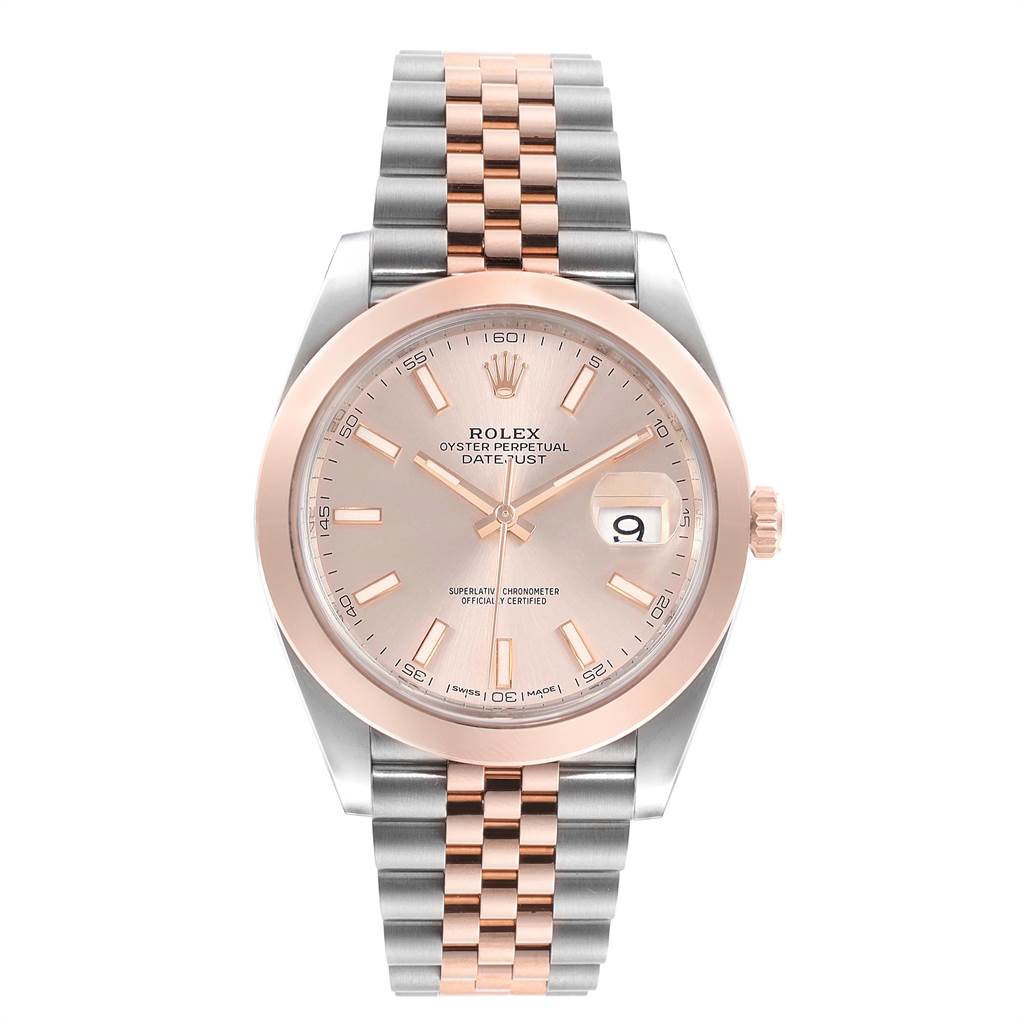 The image shows a front view of a Rolex Datejust 41 126301 Men
s Steel and Gold (two tone) Pink Dial 126301 Men
s Steel and Gold (two tone) Pink Dial watch, highlighting the dial, bezel, bracelet, and date window.