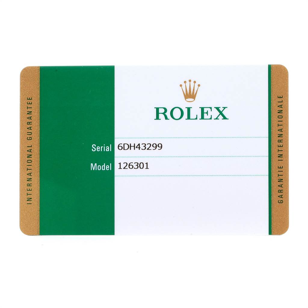 The image shows the warranty card for the Rolex Datejust 41 126301 Men
s Steel and Gold (two tone) Pink Dial 126301 Men
s Steel and Gold (two tone) Pink Dial model 126301.