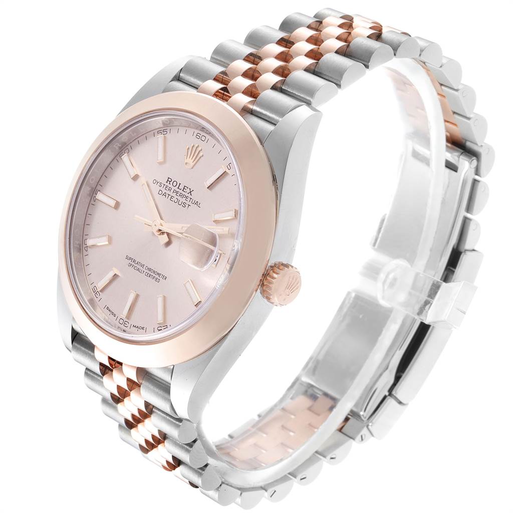 This image shows a Rolex Datejust 41 126301 Men
s Steel and Gold (two tone) Pink Dial 126301 Men
s Steel and Gold (two tone) Pink Dial watch from a front-left angle, highlighting its face, bezel, and two-tone bracelet.