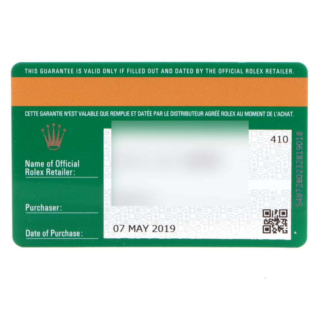 This image shows the warranty card for a Rolex Datejust 41 126301 Men
s Steel and Gold (two tone) Pink Dial 126301 Men
s Steel and Gold (two tone) Pink Dial model with details like date of purchase and retailer fields.