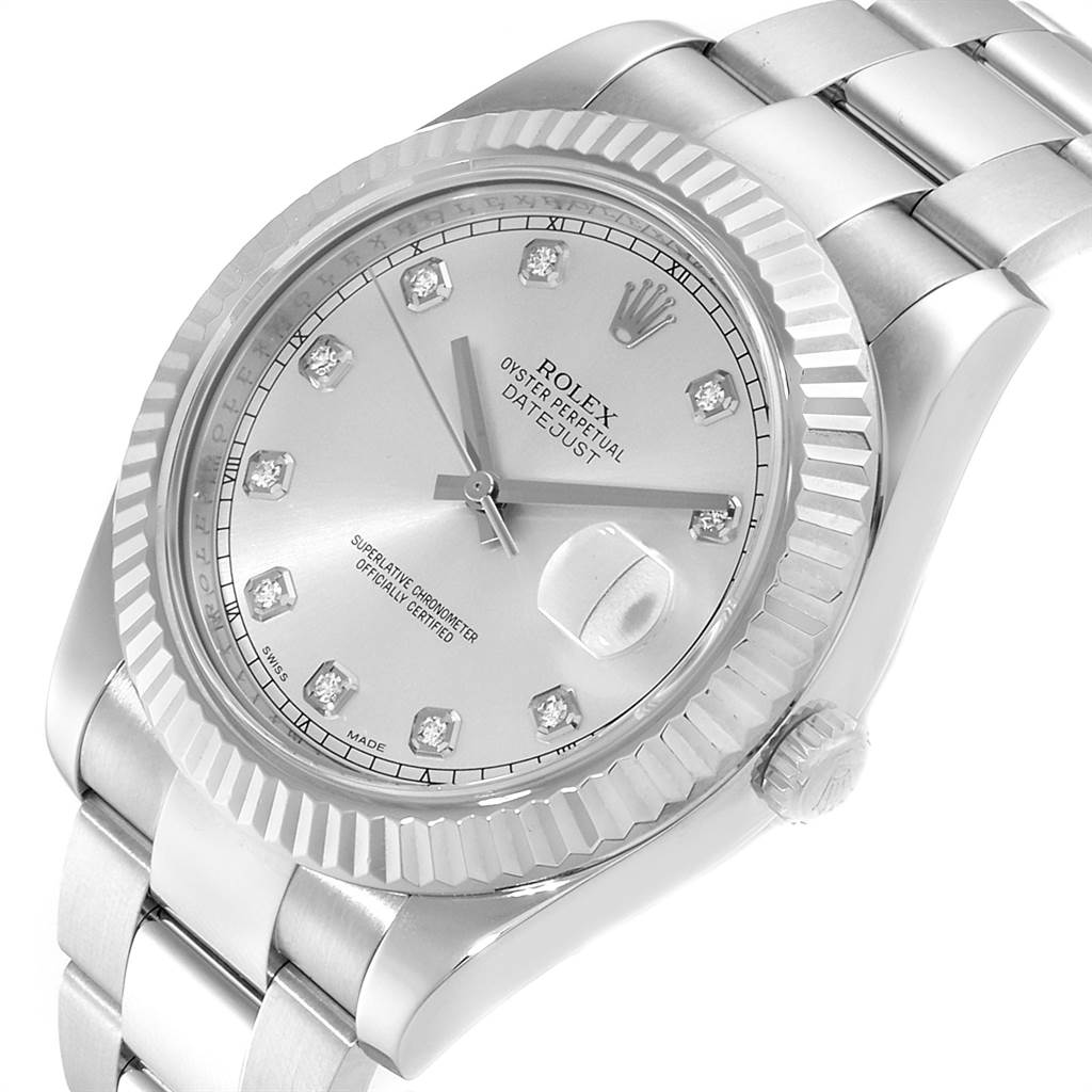 This image shows a close-up angle of the Rolex Datejust 41 116334 Men's Stainless Steel Silver Dial 116334 Men's Stainless Steel Silver Dial watch, highlighting its bezel, dial, and part of the bracelet.
