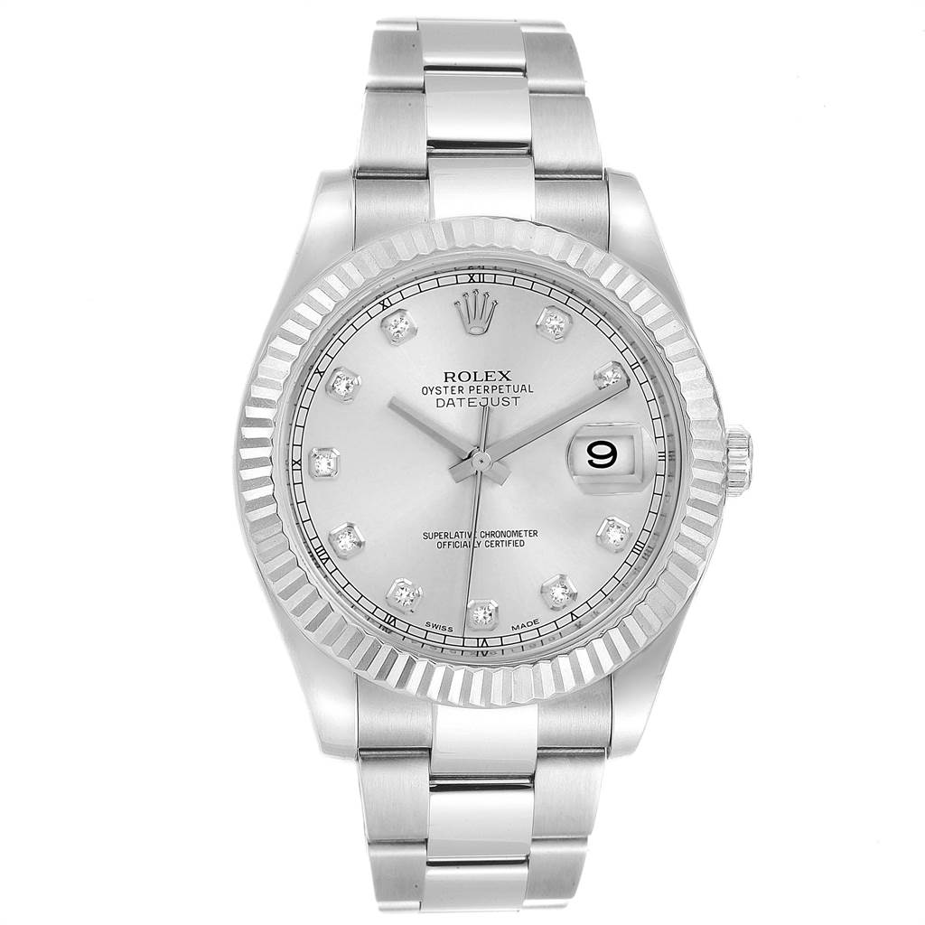 This Rolex Datejust 41 116334 Men's Stainless Steel Silver Dial 116334 Men's Stainless Steel Silver Dial watch is shown from the front, displaying its dial, hands, date window, bezel, and bracelet.