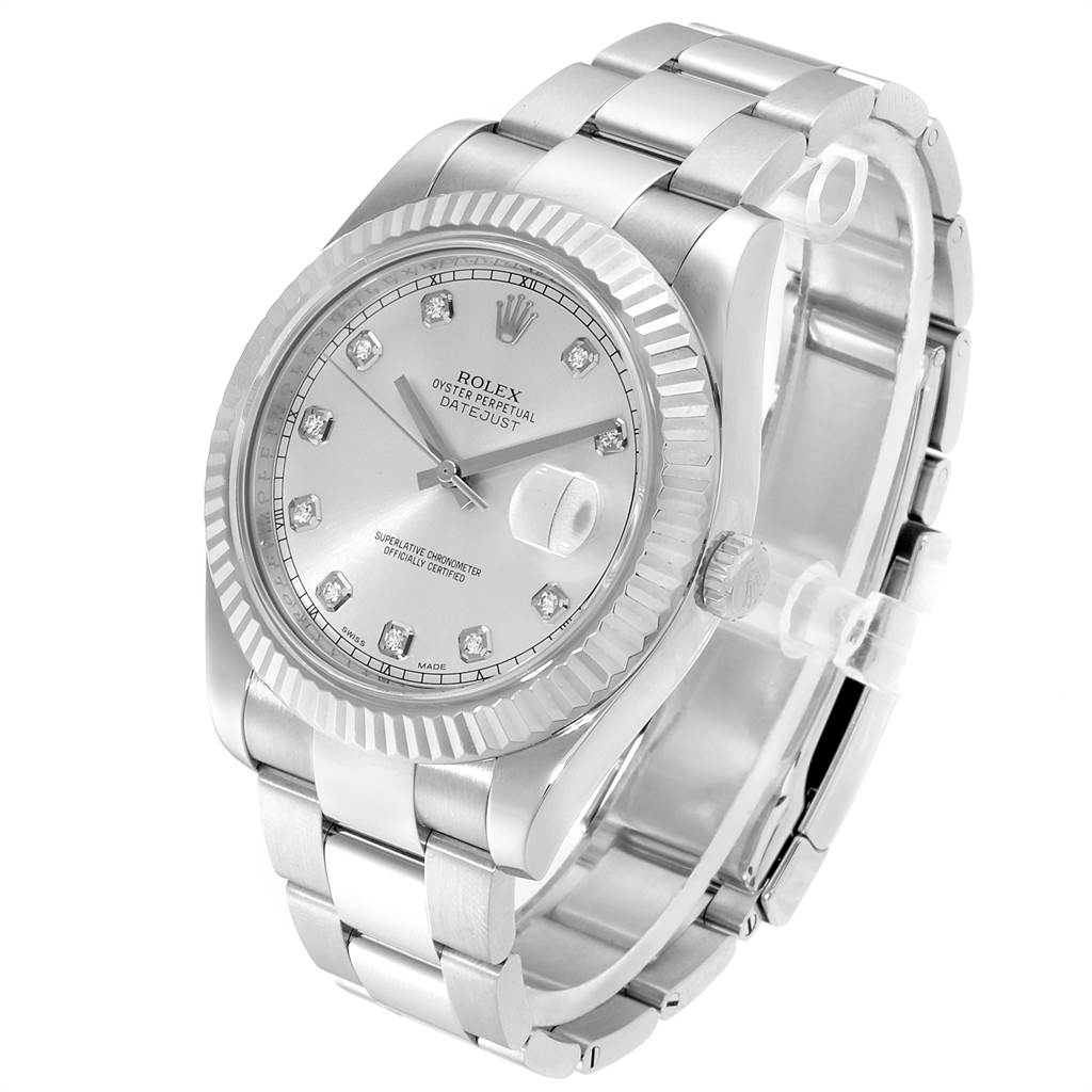 This Rolex Datejust 41 116334 Men's Stainless Steel Silver Dial 116334 Men's Stainless Steel Silver Dial watch is shown at a slight angled view, featuring the case, dial, bezel, crown, and bracelet.