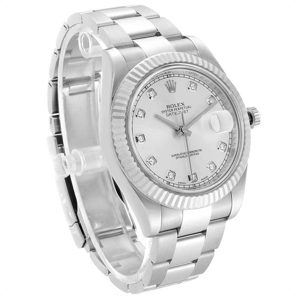 The Rolex Datejust 41 116334 Men's Stainless Steel Silver Dial 116334 Men's Stainless Steel Silver Dial watch is shown at a slight angle, displaying its silver dial, fluted bezel, and metal bracelet.
