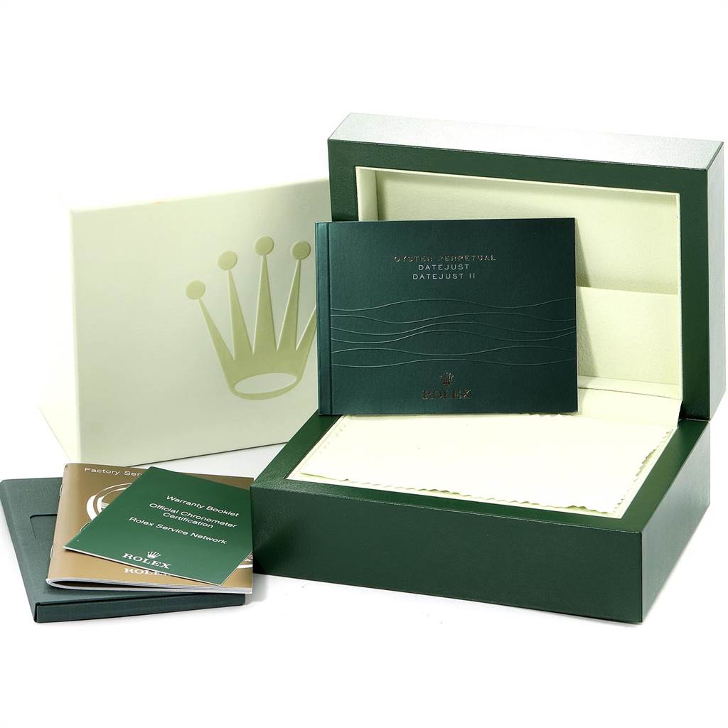 The image shows the packaging and documents for a Rolex Datejust 41 116334 Men's Stainless Steel Silver Dial 116334 Men's Stainless Steel Silver Dial, including the warranty booklet and maintenance guide.
