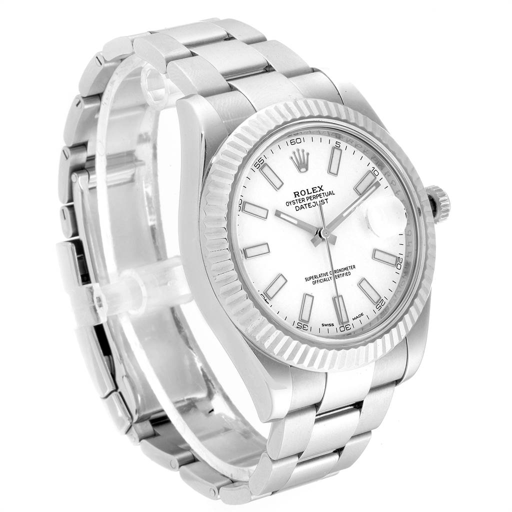 The image shows a Rolex Datejust 41 116334 Men's Stainless Steel White Dial 116334 Men's Stainless Steel White Dial watch from an angled view, highlighting its dial, bezel, and bracelet.