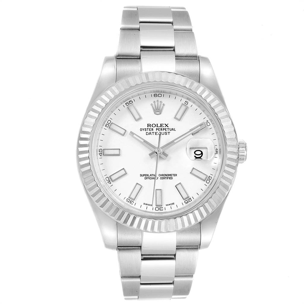 This image shows a front view of the Rolex Datejust 41 116334 Men's Stainless Steel White Dial 116334 Men's Stainless Steel White Dial watch, displaying the dial, bezel, and bracelet.