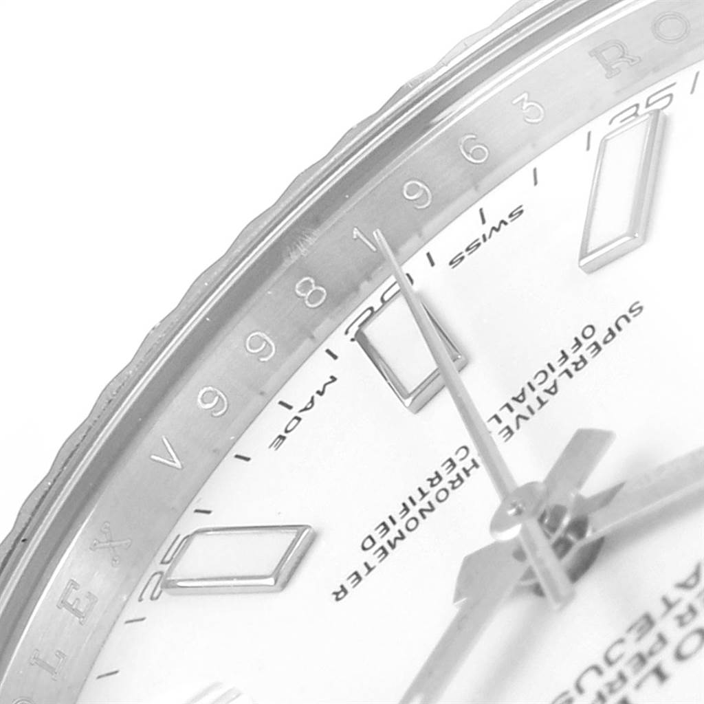 The image shows a close-up of the dial, bezel, and part of the hands of the Rolex Datejust 41 116334 Men's Stainless Steel White Dial 116334 Men's Stainless Steel White Dial watch.