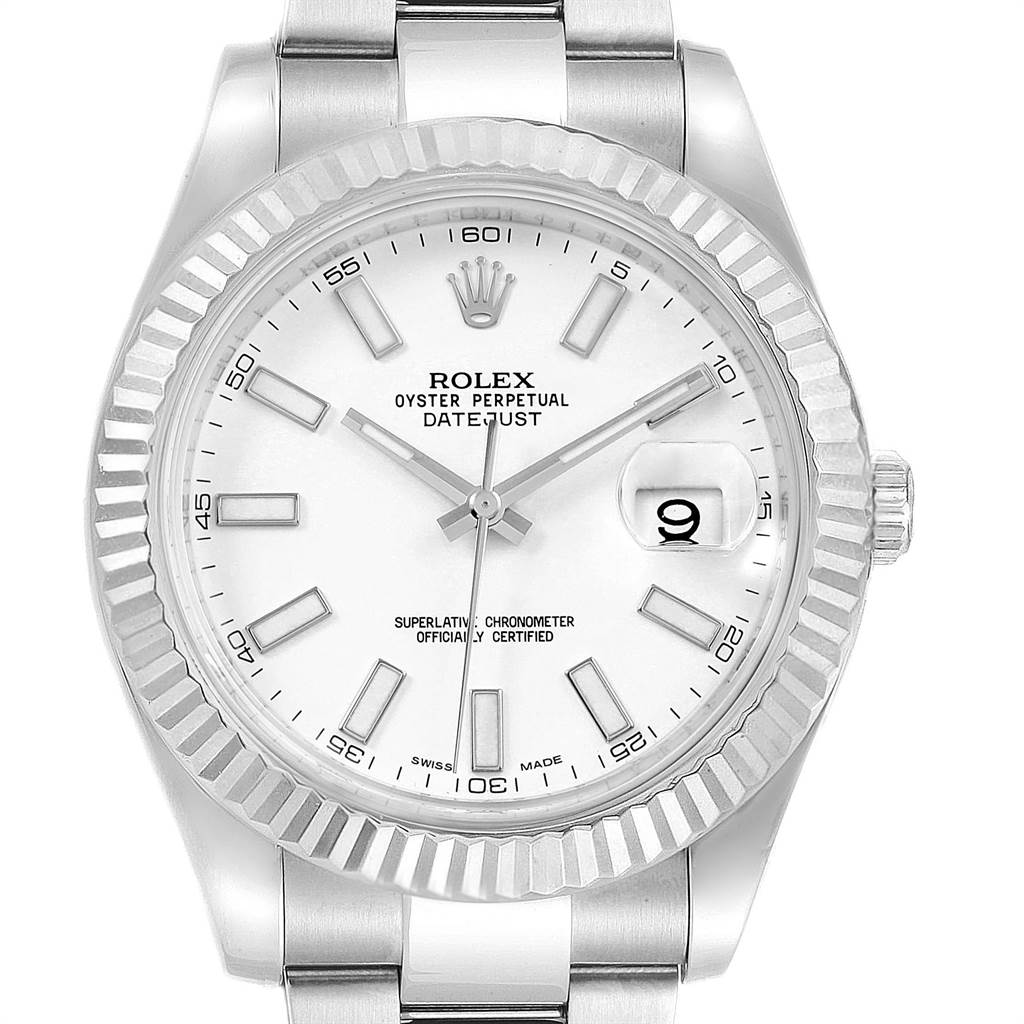 This is a full frontal view of the Rolex Datejust 41 116334 Men's Stainless Steel White Dial 116334 Men's Stainless Steel White Dial watch, showing the white dial, fluted bezel, and part of the stainless steel bracelet.