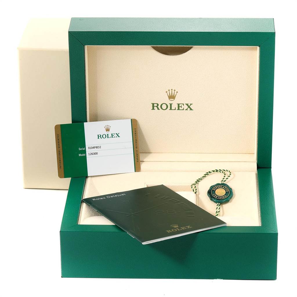 The image shows the packaging and accessories for the Rolex Datejust 41 126300 Men's Stainless Steel White Dial 126300 Men's Stainless Steel White Dial, including a box, warranty card, manual, and tag.