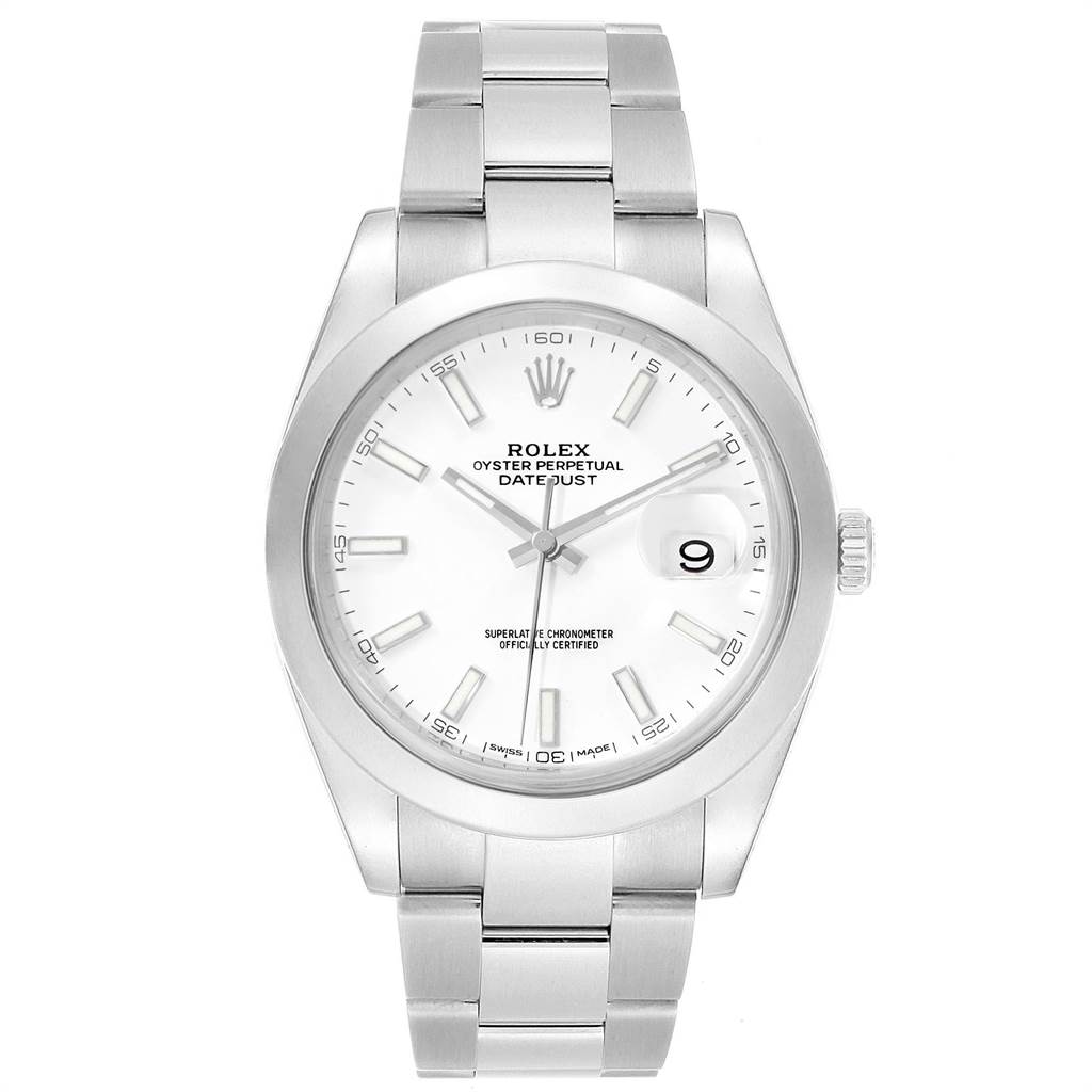 This image shows a front view of the Rolex Datejust 41 126300 Men's Stainless Steel White Dial 126300 Men's Stainless Steel White Dial watch, displaying its face, bracelet, and clasp.