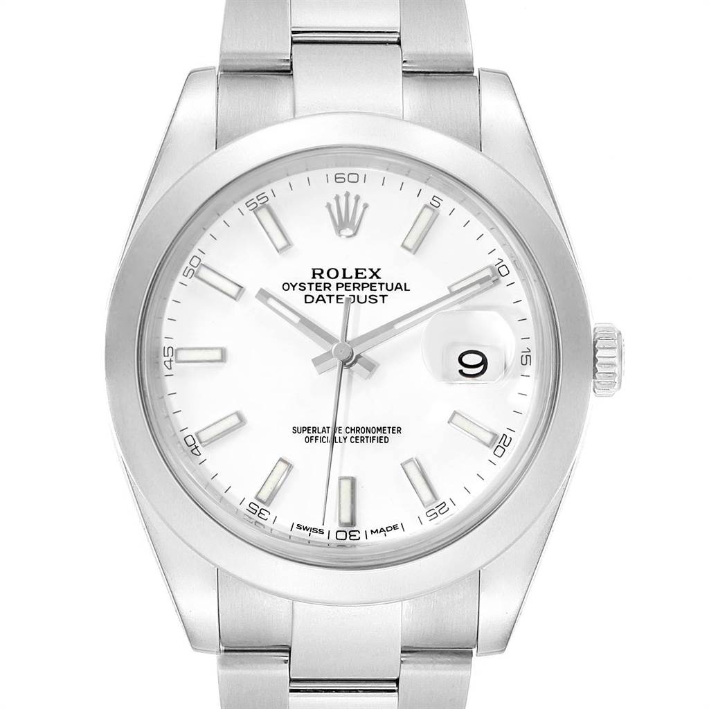 The image shows a front view of the Rolex Datejust 41 126300 Men's Stainless Steel White Dial 126300 Men's Stainless Steel White Dial watch, highlighting its white dial, silver markers, and Oyster bracelet.