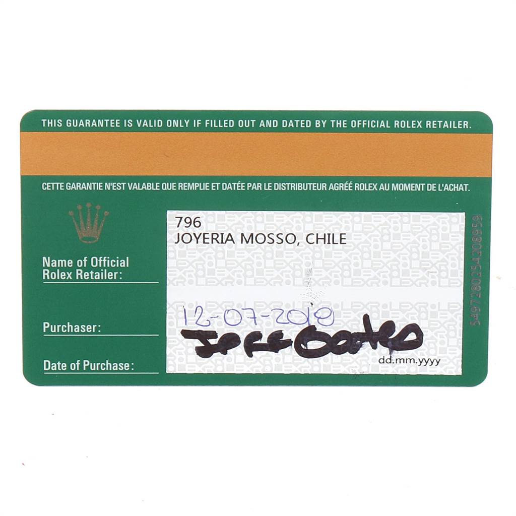 The image shows the warranty card for a Rolex Datejust 41 126300 Men's Stainless Steel White Dial 126300 Men's Stainless Steel White Dial, detailing the official Rolex retailer information.