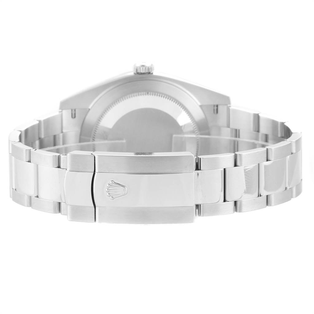 This image of a Rolex Datejust 41 126300 Men's Stainless Steel White Dial 126300 Men's Stainless Steel White Dial watch shows the back case and clasp of the bracelet at a rear angle.