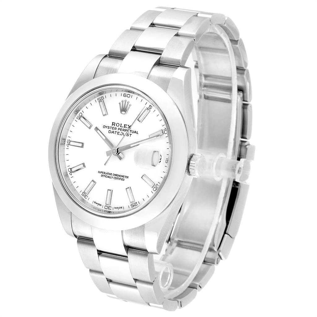 The image shows a front angle view of the Rolex Datejust 41 126300 Men's Stainless Steel White Dial 126300 Men's Stainless Steel White Dial, including its face, crown, and bracelet.
