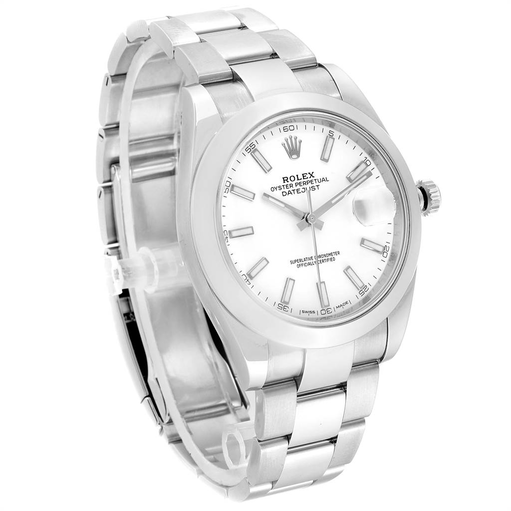 The image shows a Rolex Datejust 41 126300 Men's Stainless Steel White Dial 126300 Men's Stainless Steel White Dial watch at a side angle, highlighting its stainless steel case, bracelet, and white dial.