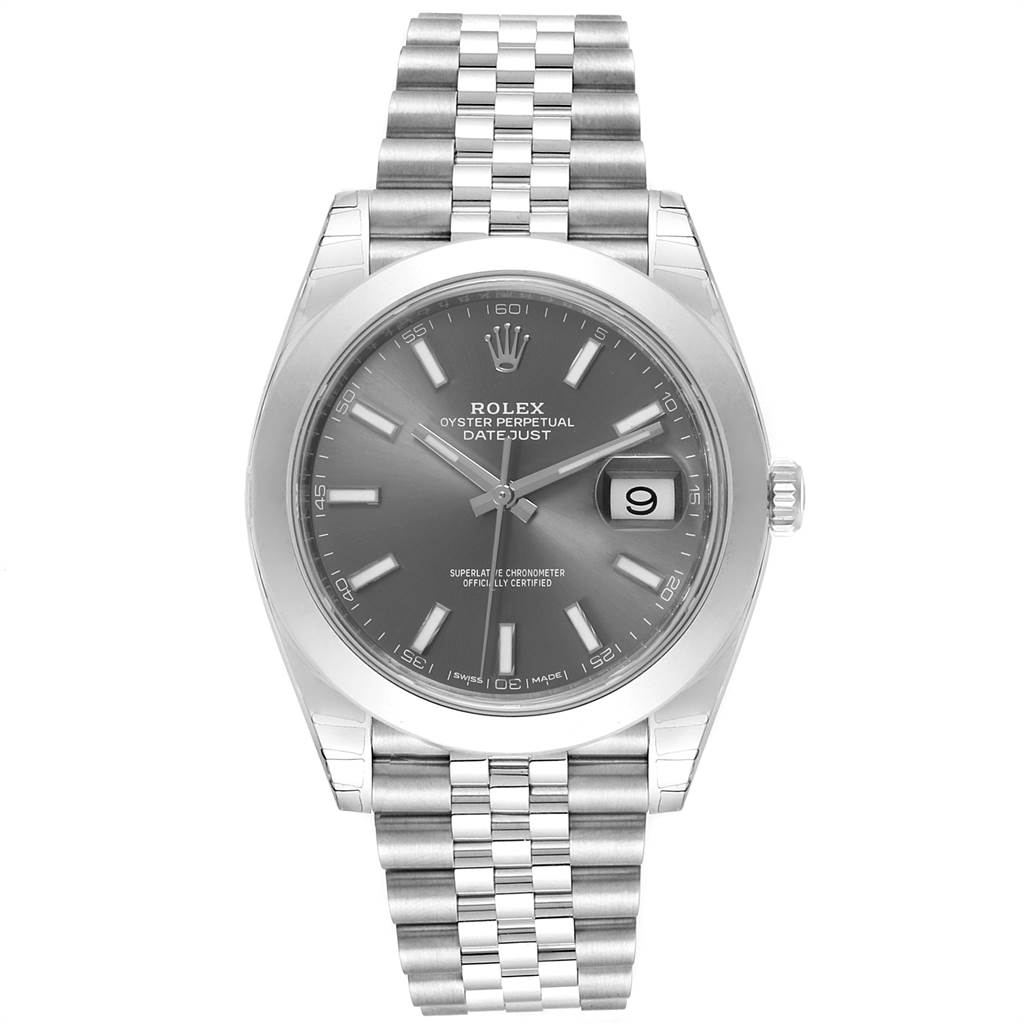 The image shows a front view of a Rolex Datejust 41 126300 Men
s Stainless Steel Grey Dial 126300 Men
s Stainless Steel Grey Dial watch with a gray dial and Jubilee bracelet.
