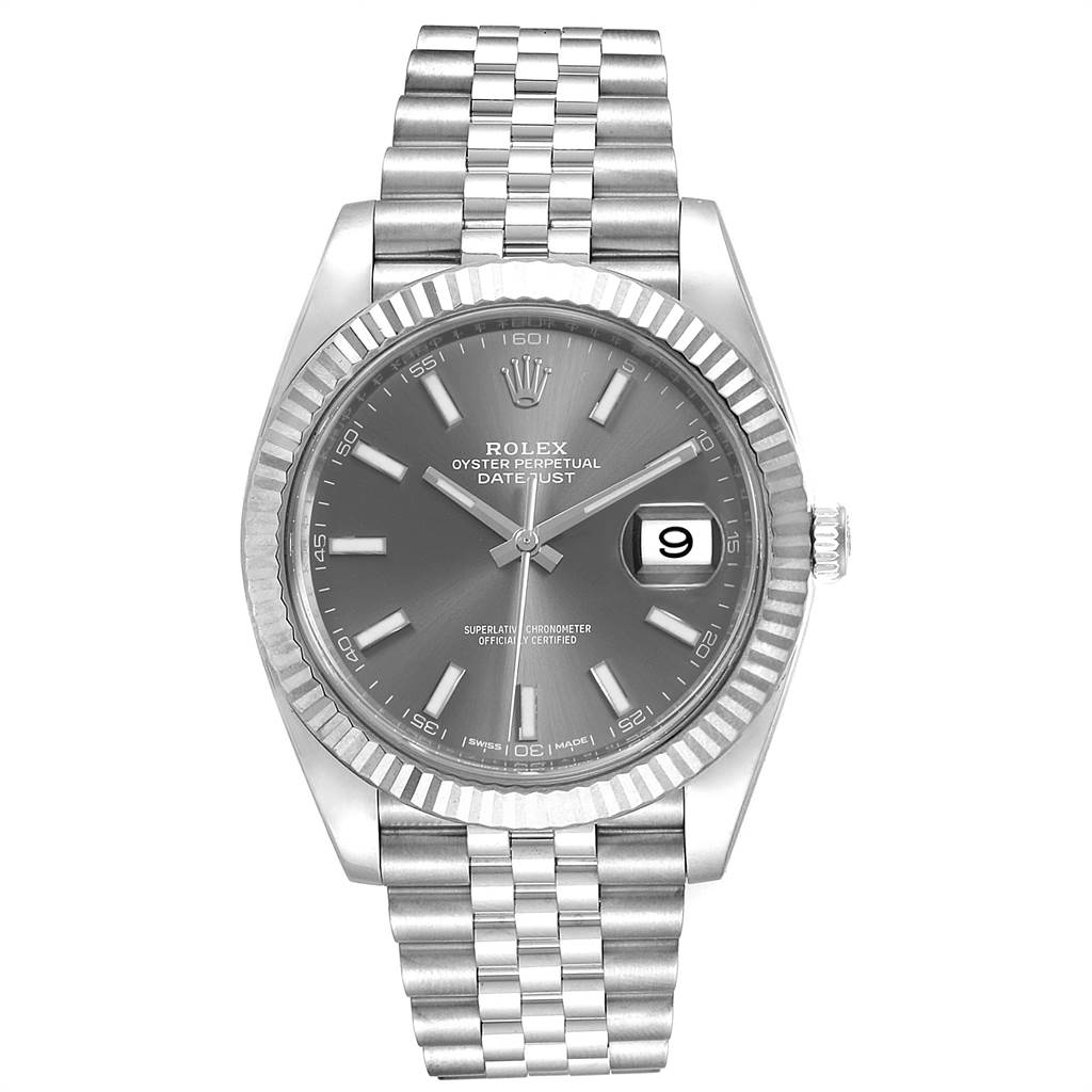 This image shows a front view of the Rolex Datejust 41 126334 Men's Stainless Steel Grey Dial 126334 Men's Stainless Steel Grey Dial watch, including the dial, bezel, case, and bracelet.