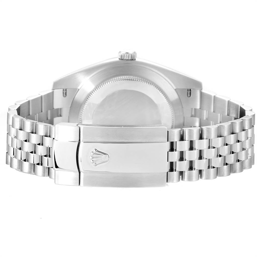 This image shows the back and clasp of the Rolex Datejust 41 126334 Men's Stainless Steel Grey Dial 126334 Men's Stainless Steel Grey Dial watch, highlighting the bracelet and crown logo.