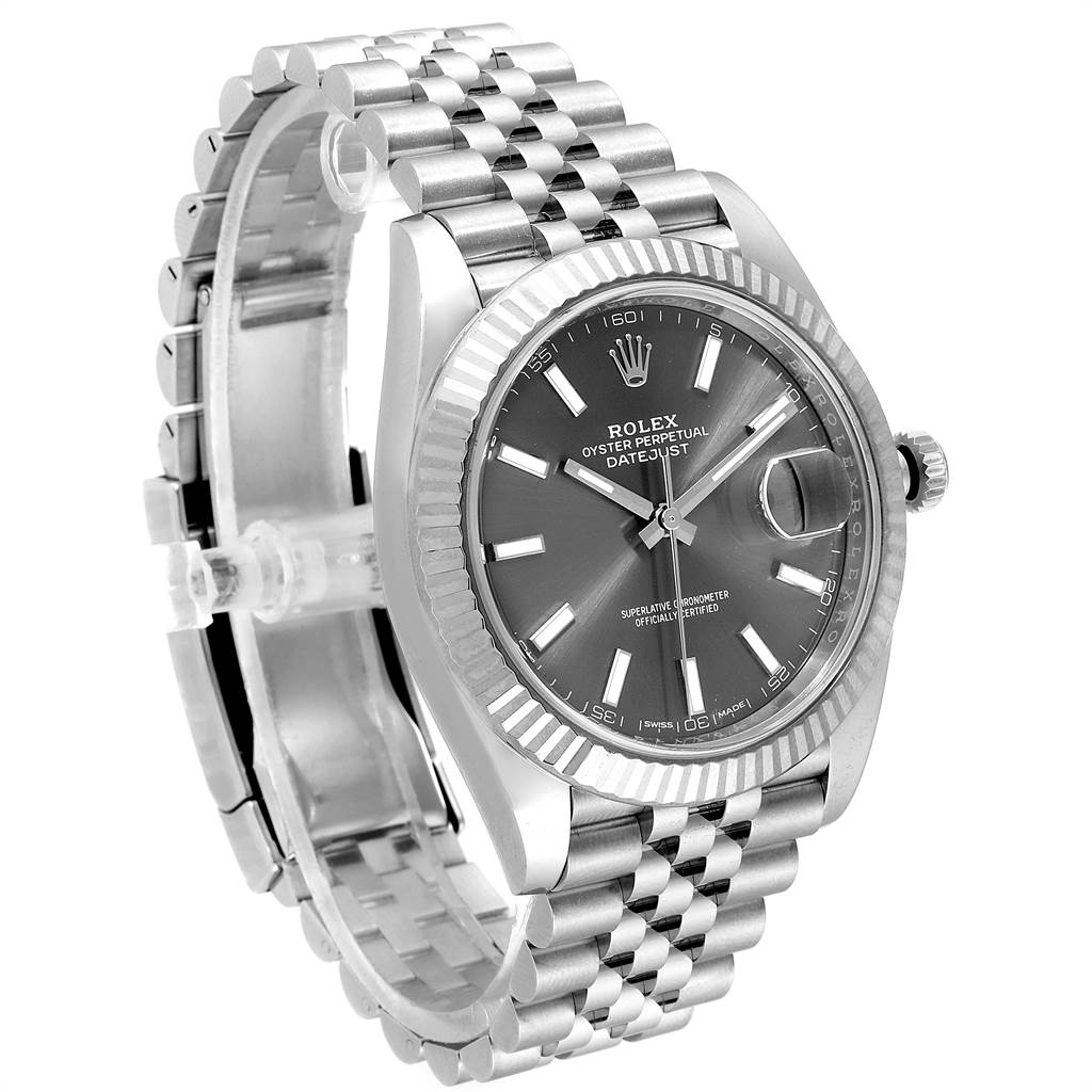 The Rolex Datejust 41 126334 Men's Stainless Steel Grey Dial 126334 Men's Stainless Steel Grey Dial watch is shown at an oblique angle, displaying the dial, fluted bezel, crown, and Jubilee bracelet.