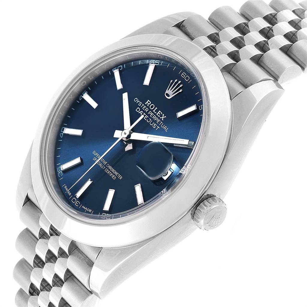The image shows a Rolex Datejust 41 126300 Men's Stainless Steel Blue Dial 126300 Men's Stainless Steel Blue Dial watch at an angle, highlighting its blue dial, bezel, crown, and jubilee bracelet.
