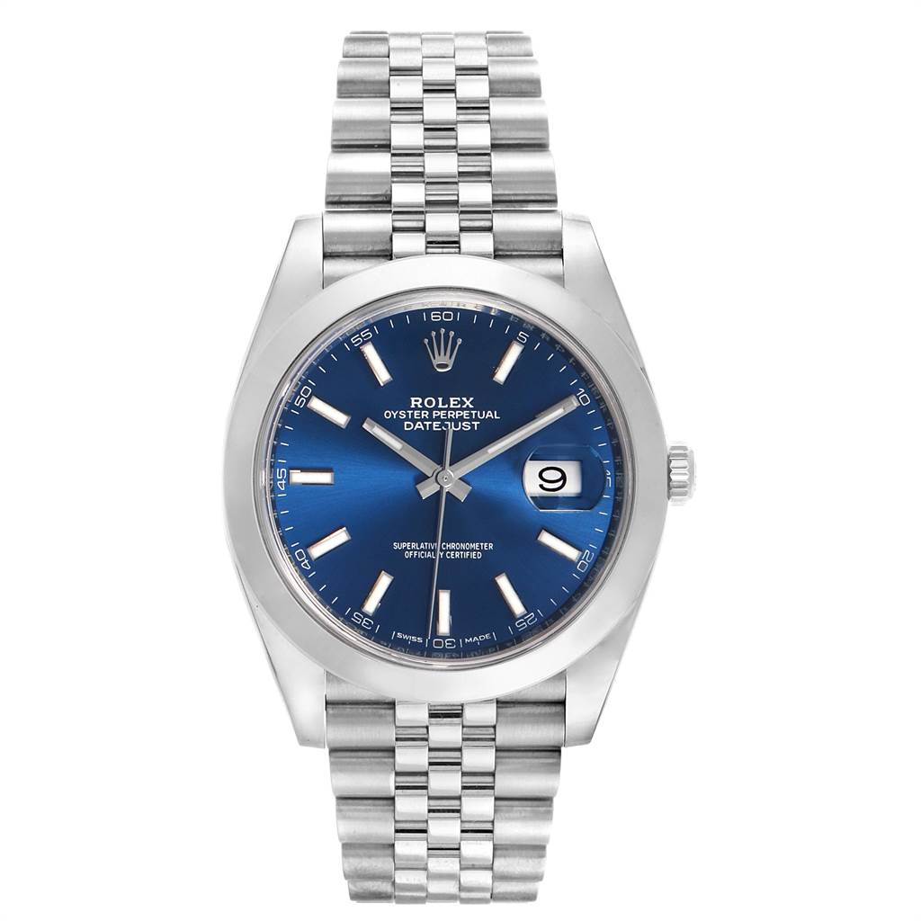 This image shows a frontal view of the Rolex Datejust 41 126300 Men's Stainless Steel Blue Dial 126300 Men's Stainless Steel Blue Dial watch, highlighting its blue dial, stainless steel case, and Jubilee bracelet.