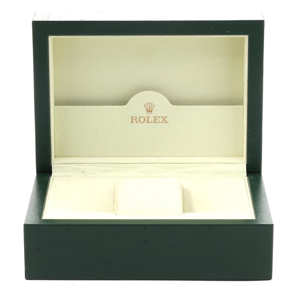 This image shows an empty Rolex Datejust 41 116334 Men's Stainless Steel Silver Dial 116334 Men's Stainless Steel Silver Dial watch box, open to display its interior with the brand logo visible.