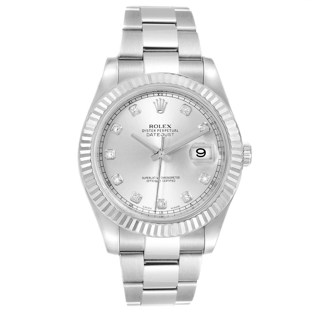 The image shows a front view of the Rolex Datejust 41 116334 Men's Stainless Steel Silver Dial 116334 Men's Stainless Steel Silver Dial, displaying its dial, bezel, and bracelet.