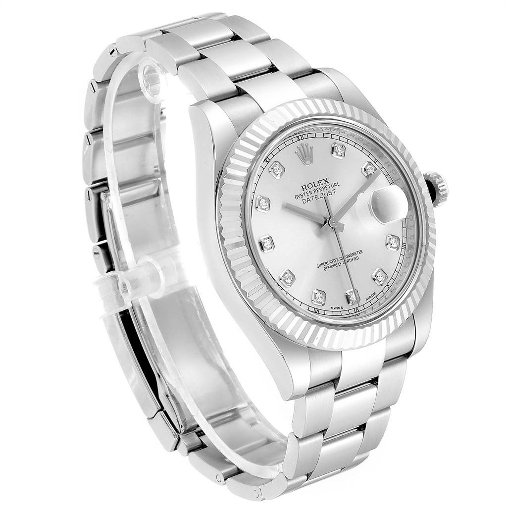 The image shows a side angle view of a Rolex Datejust 41 116334 Men's Stainless Steel Silver Dial 116334 Men's Stainless Steel Silver Dial watch, highlighting its bracelet, dial, and fluted bezel.