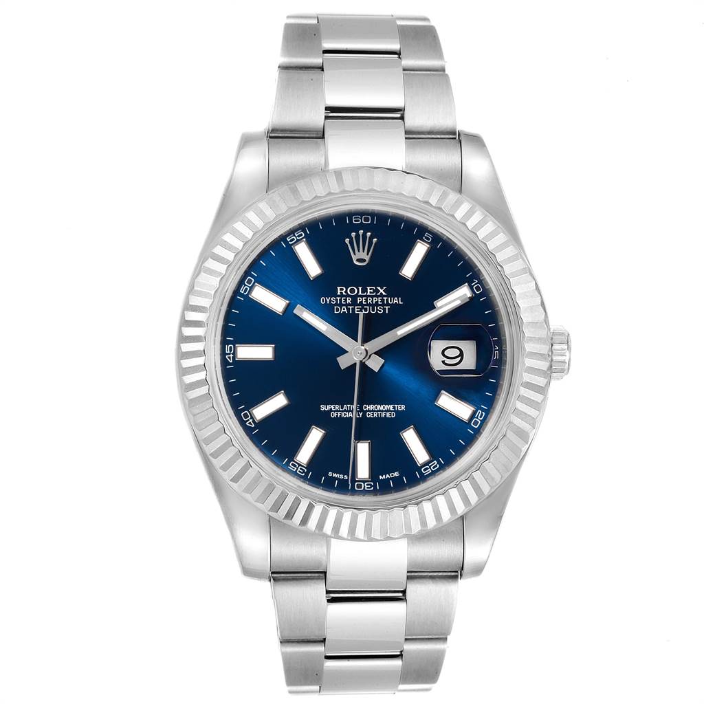 The Rolex Datejust 41 116334 Men's Stainless Steel Blue Dial 116334 Men's Stainless Steel Blue Dial model is shown from a front angle, displaying the dial, bezel, and bracelet.