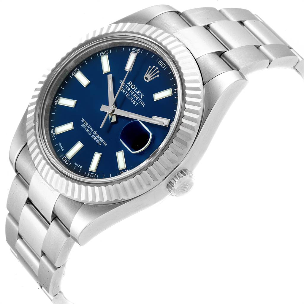 This image shows a Rolex Datejust 41 116334 Men's Stainless Steel Blue Dial 116334 Men's Stainless Steel Blue Dial watch at a slight angle, highlighting the face, bezel, crown, and part of the band.