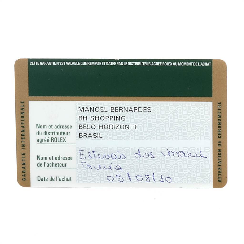 This is a warranty card for a Rolex Datejust 41 116334 Men's Stainless Steel Blue Dial 116334 Men's Stainless Steel Blue Dial watch, showing dealer and purchaser information.