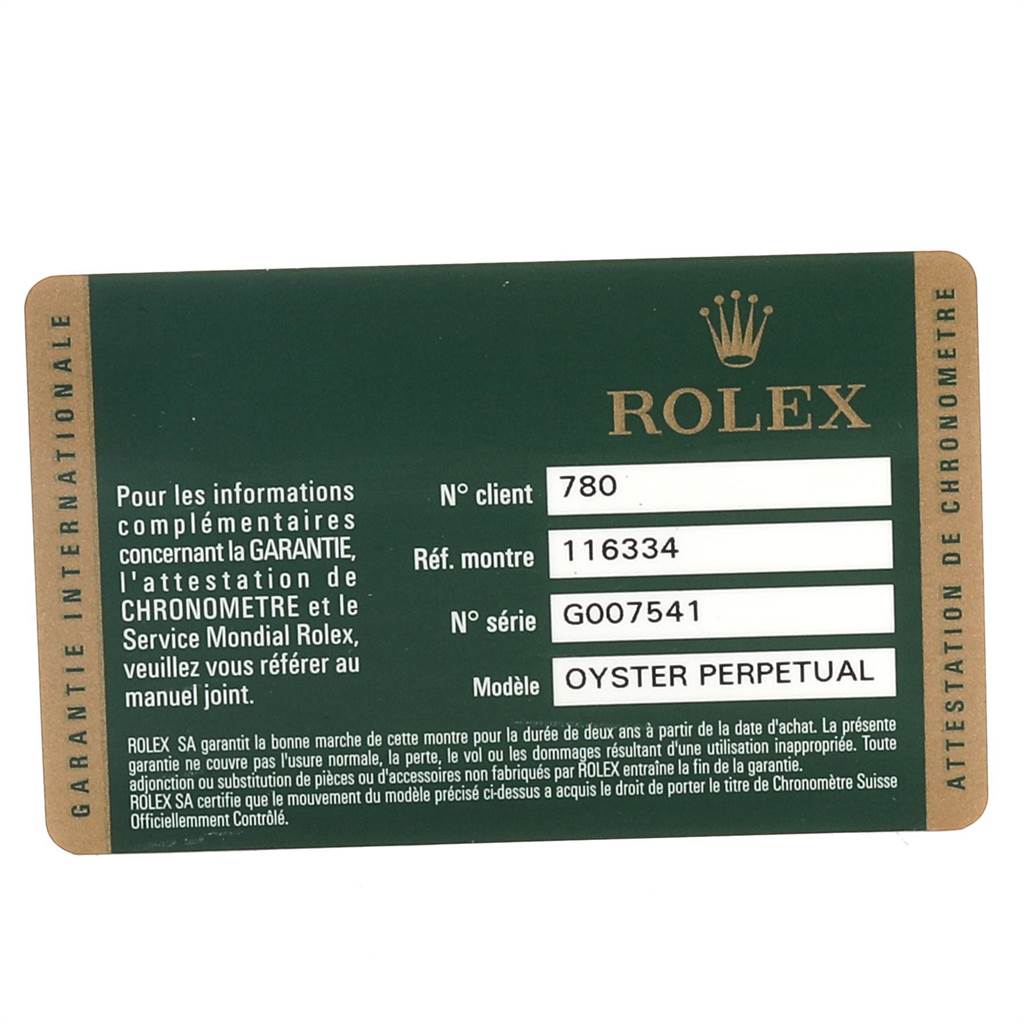 This image shows the warranty card for the Rolex Datejust 41 116334 Men's Stainless Steel Blue Dial 116334 Men's Stainless Steel Blue Dial, including the reference and serial numbers.