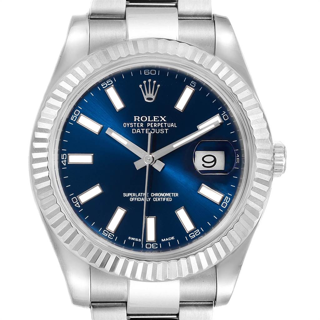 The Rolex Datejust 41 116334 Men's Stainless Steel Blue Dial 116334 Men's Stainless Steel Blue Dial is shown from a front angle, highlighting its blue dial, fluted bezel, date display, and silver bracelet.