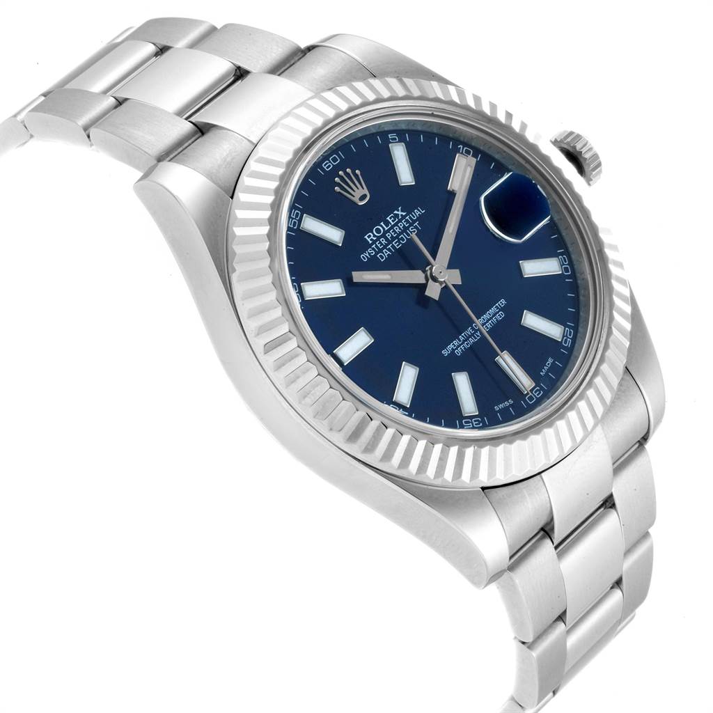 The image shows a Rolex Datejust 41 116334 Men's Stainless Steel Blue Dial 116334 Men's Stainless Steel Blue Dial watch at a slight angle, highlighting its blue dial, fluted bezel, and bracelet.
