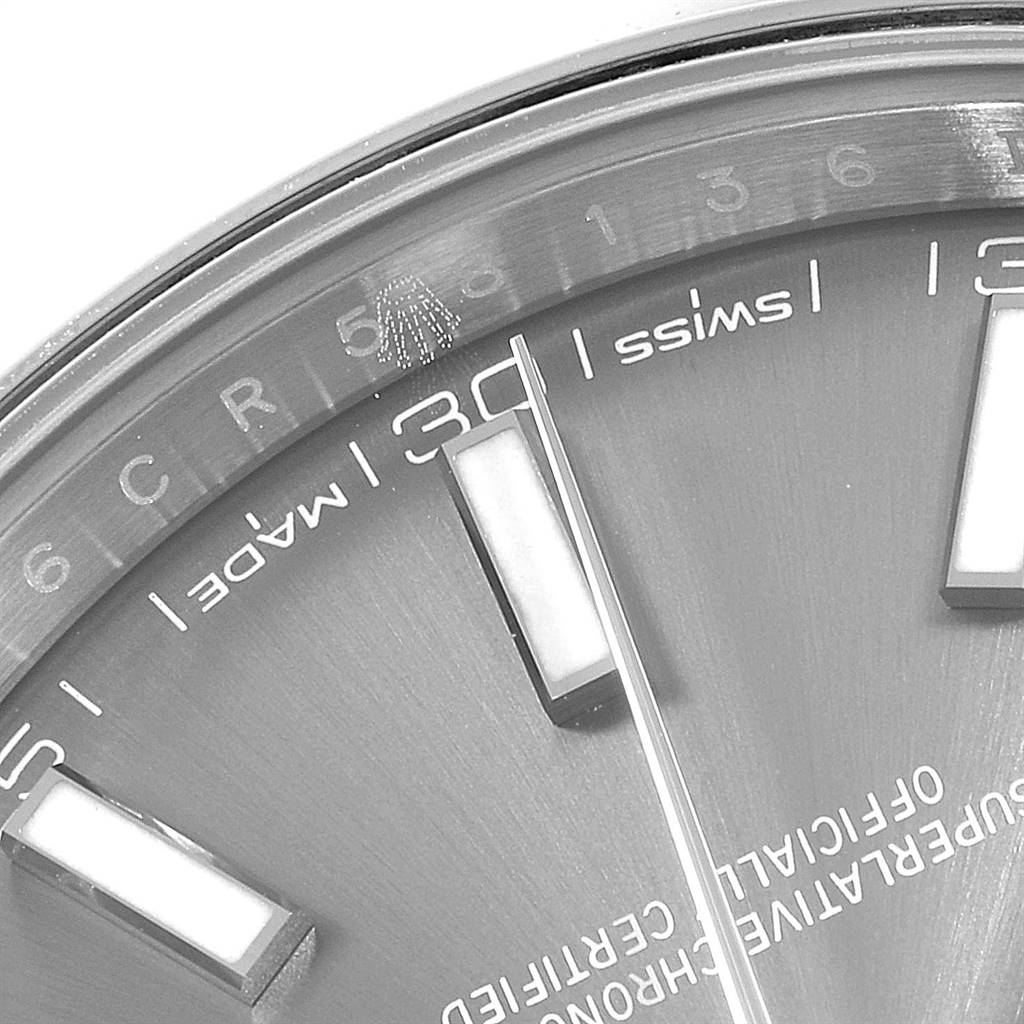 This close-up angle shows the face, part of the 6 o’clock marker, and text on the Rolex Datejust 41 126300 Men's Stainless Steel Grey Dial 126300 Men's Stainless Steel Grey Dial watch.