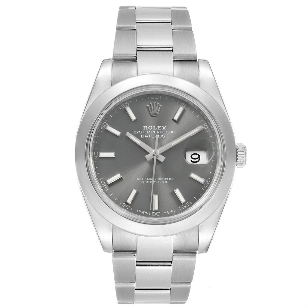 The image shows a frontal view of the Rolex Datejust 41 126300 Men's Stainless Steel Grey Dial 126300 Men's Stainless Steel Grey Dial watch, highlighting its gray dial, date window, and stainless steel bracelet.