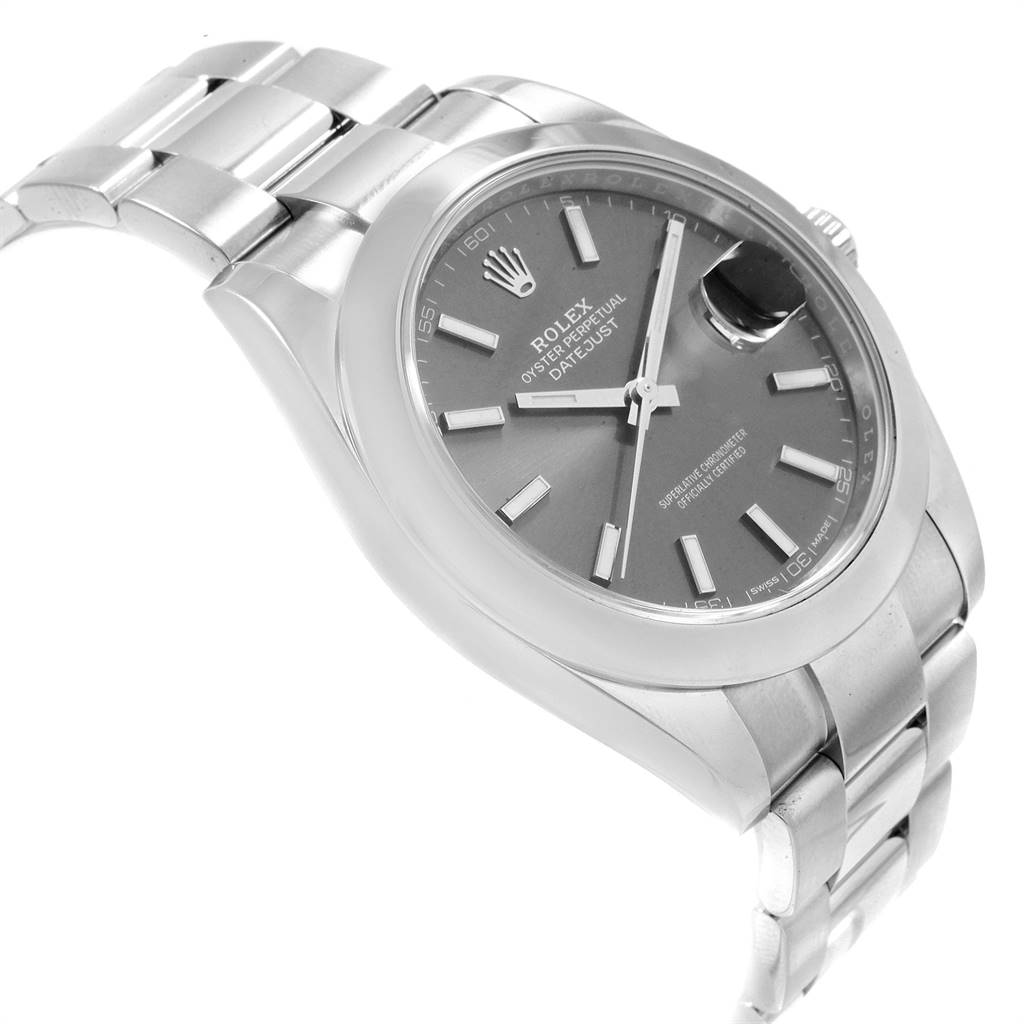 The Rolex Datejust 41 126300 Men's Stainless Steel Grey Dial 126300 Men's Stainless Steel Grey Dial watch is shown at a slight side angle, displaying the face, bezel, crown, and part of the bracelet.
