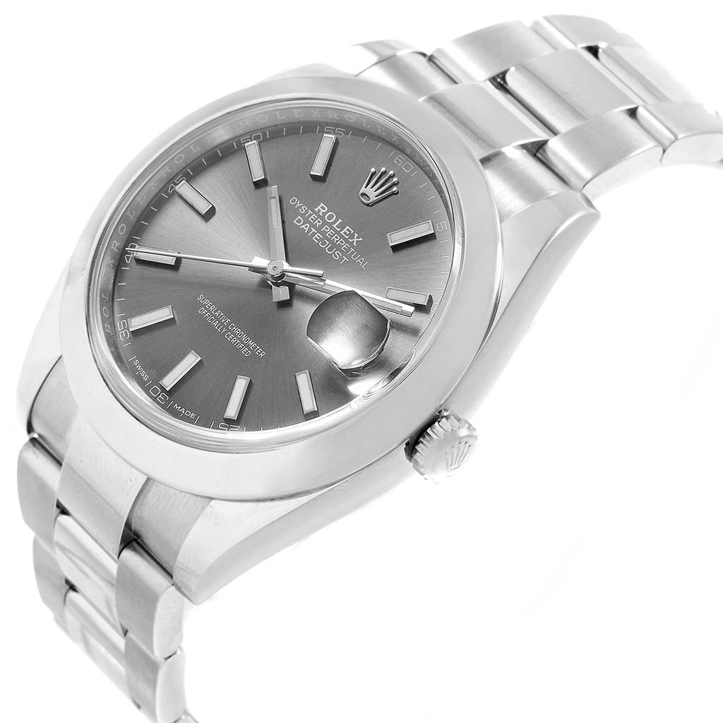 The image shows a Rolex Datejust 41 126300 Men's Stainless Steel Grey Dial 126300 Men's Stainless Steel Grey Dial watch at a slight angle, highlighting its stainless steel bracelet, dial, crown, and date window.